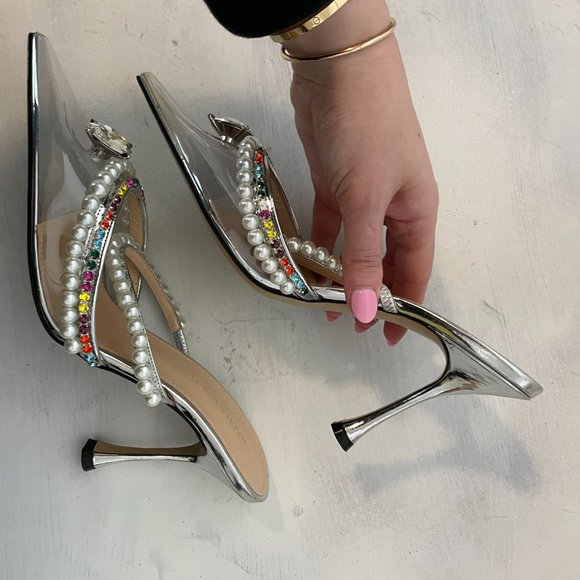 MACH & MACH Slip On Mule Diamond Of Elizabeth  Pearl Pointed Toe Stiletto Heels - Picture 7 of 11